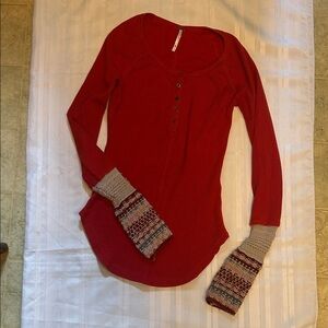 Red Henley with Knit Cuffs